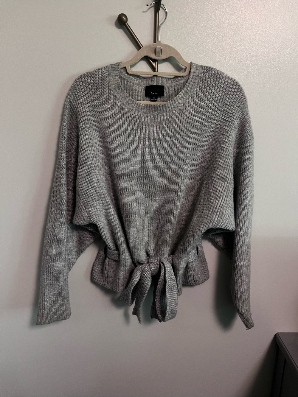 Gray Tie-Front Ribbed Crewneck Sweater